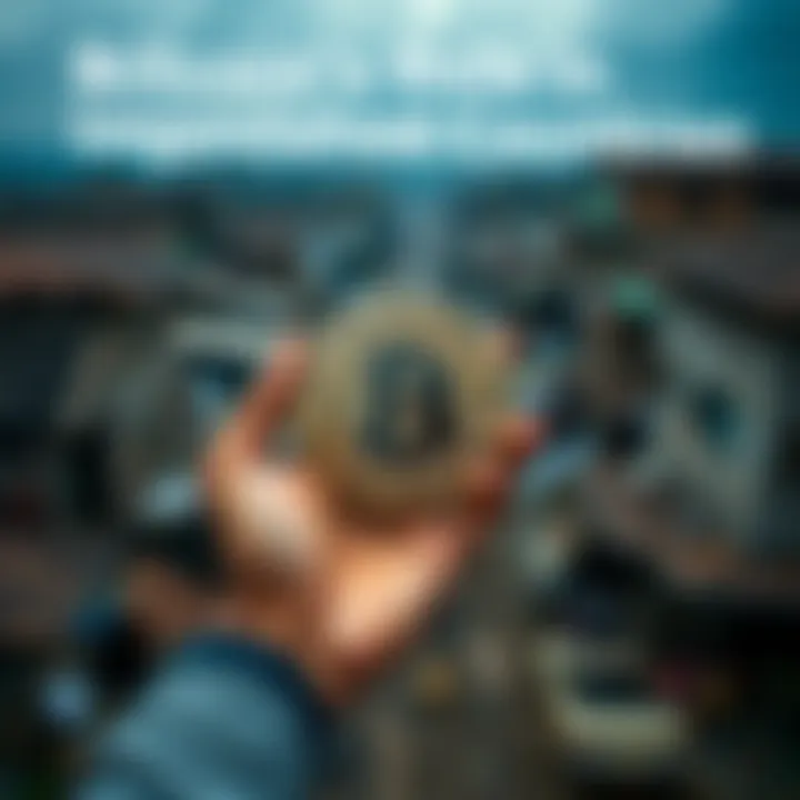 A person holding a Bitcoin symbol in front of a backdrop of impoverished neighborhoods and economic struggle