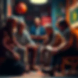 Group of seasoned Bitcoin miners sharing their knowledge with newcomers in a casual setting.