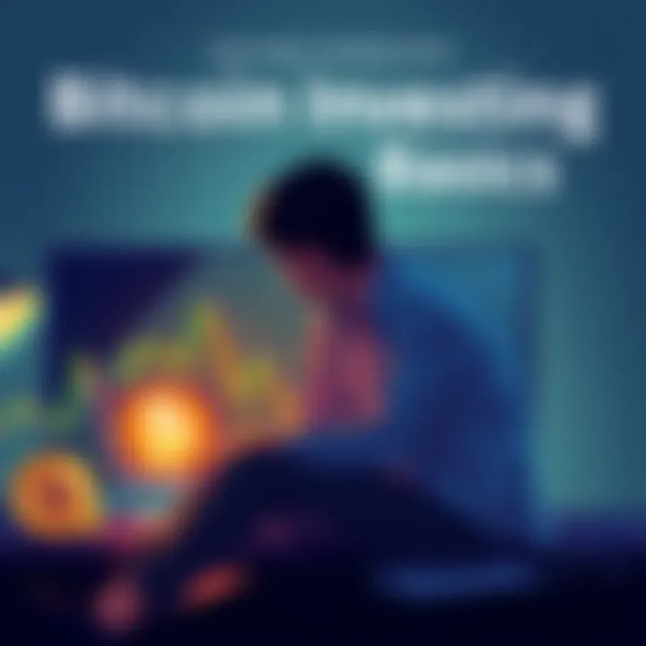 An illustration of a person looking at a Bitcoin chart and a laptop, symbolizing Bitcoin investing for beginners in Canada.