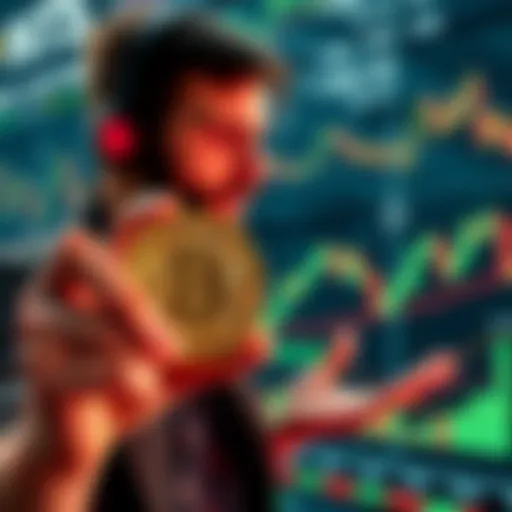 A person holding a physical Bitcoin while looking at a stock market chart showing ups and downs, symbolizing patience in investing.