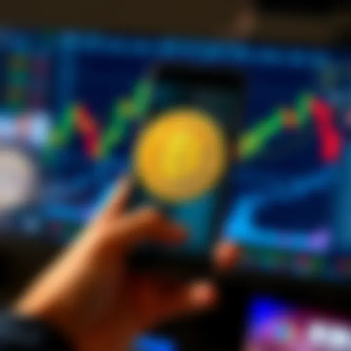 A person holding a smartphone displaying a Bitcoin logo with financial charts in the background, symbolizing investment opportunities.