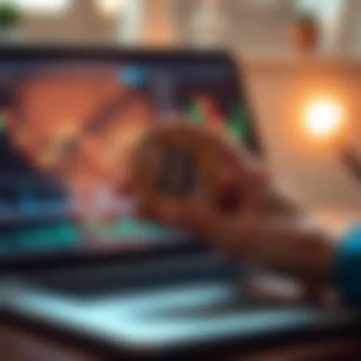 A person holding a Bitcoin coin while looking at financial graphs and charts on a laptop screen, symbolizing investment analysis.