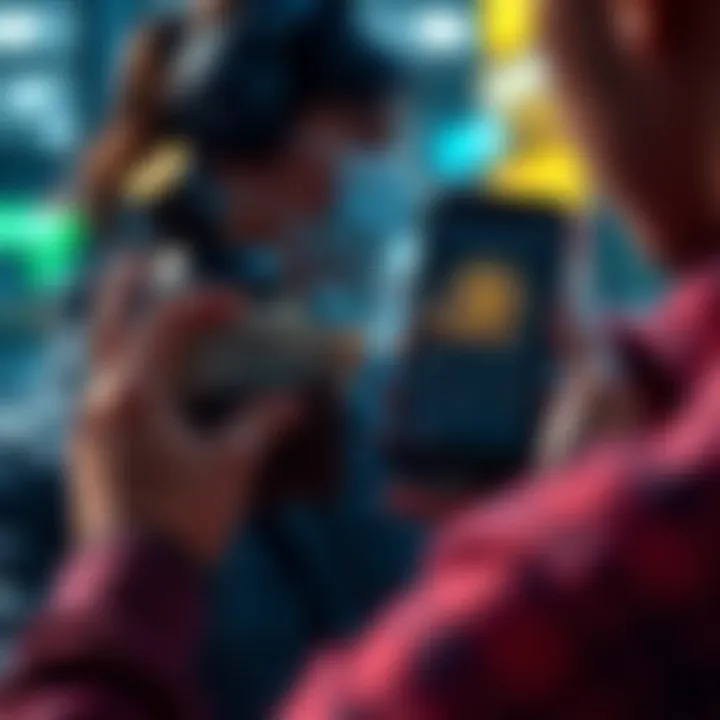 A person looking at a smartphone displaying a Bitcoin chart while holding a wallet full of cash, contemplating a monthly investment.