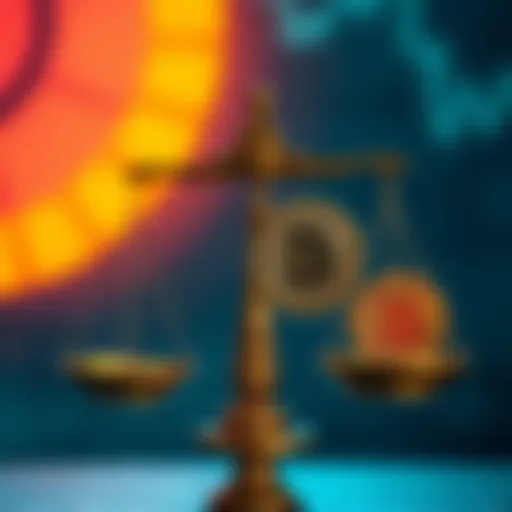 A person weighing the pros and cons of investing in Bitcoin versus enjoying life in the present moment, with a scale symbolizing balance and a Bitcoin coin on one side.