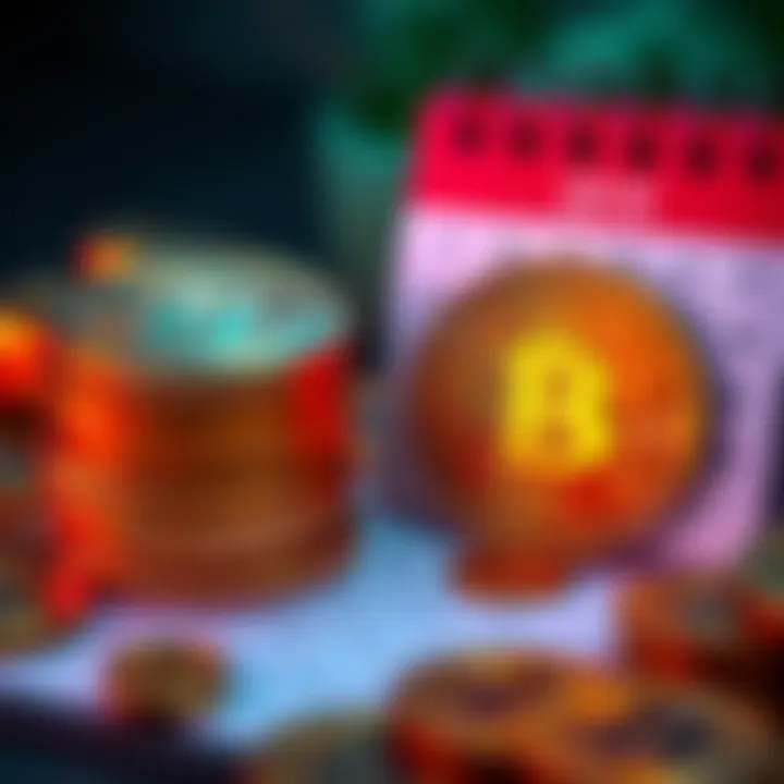 Bitcoin coins with monthly calendar A stack of Bitcoin coins next to a calendar page marked with a dollar sign to represent monthly investments.