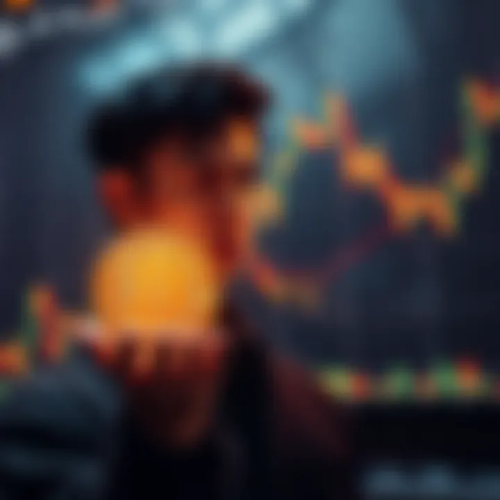 A calm person holding a Bitcoin symbol while looking at a fluctuating stock market chart, representing the importance of staying composed in investments.