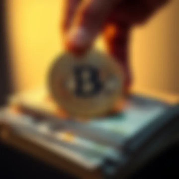 A person holding a Bitcoin symbol above a stack of dollar bills representing stimulus checks