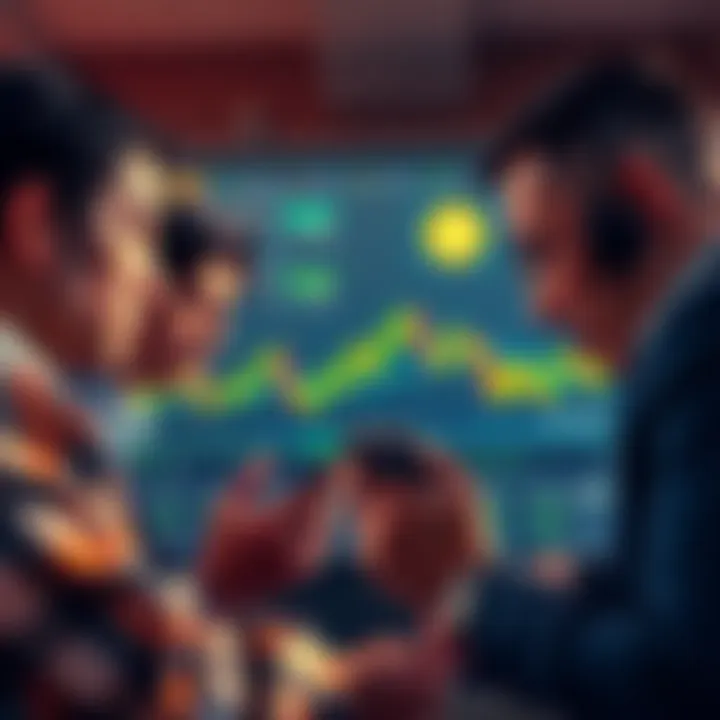 People looking at Bitcoin price charts with worried expressions, analyzing their investments.