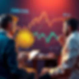 Group of people discussing Bitcoin investment with charts and graphs in the background