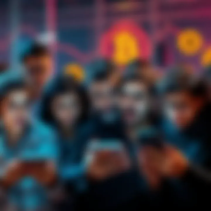 A diverse group of people reacting with excitement, confusion, and concern while looking at Bitcoin charts on their devices.