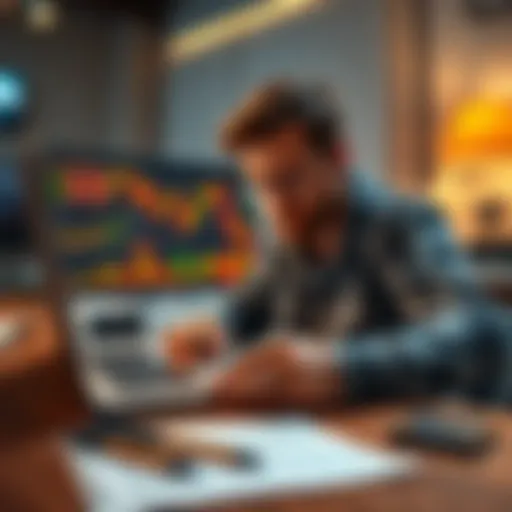 A beginner looking at Bitcoin charts on a laptop with a calculator and notes beside them, symbolizing simple strategies for investing in cryptocurrency.