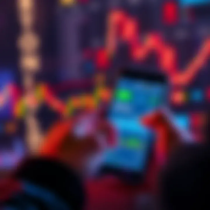 A person checking bitcoin prices on a smartphone with charts and graphs visible on the screen