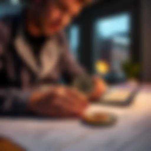 A person contemplating investment in Bitcoin while planning to build a home, with a calculator and blueprints on a table