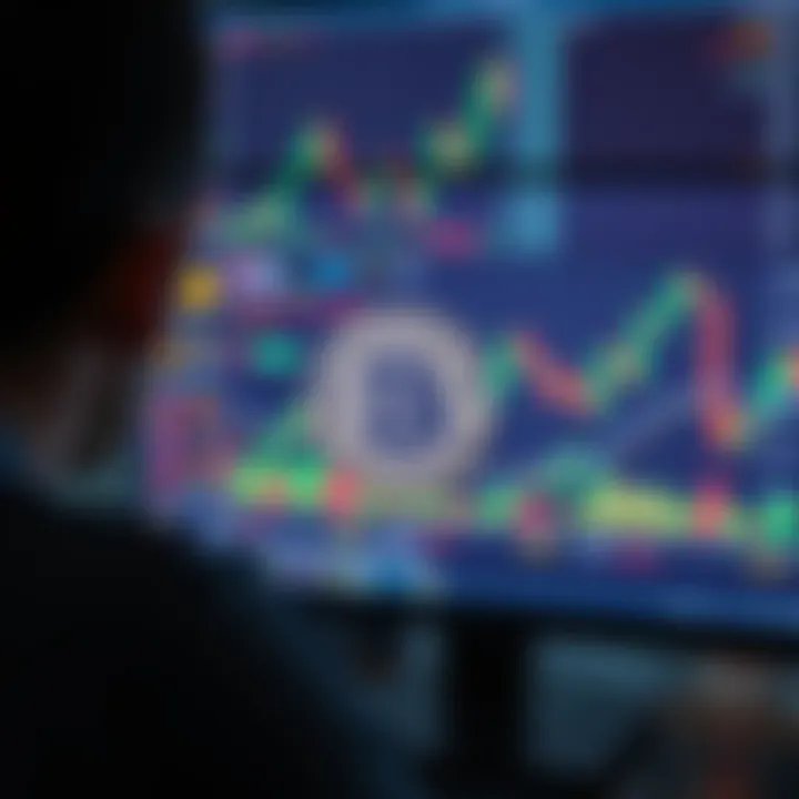 A person looking at a Bitcoin symbol on a computer screen with financial charts in the background.