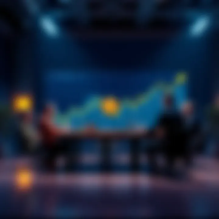 A graphic showing rising Bitcoin trends with people discussing around a table