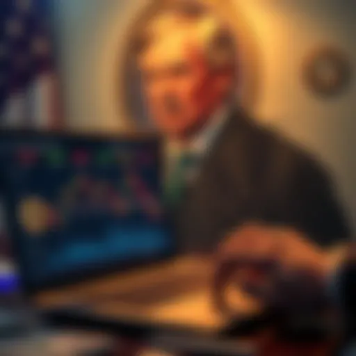 A person analyzing Bitcoin charts on a laptop, with dollar bills and a political figure's portrait in the background.
