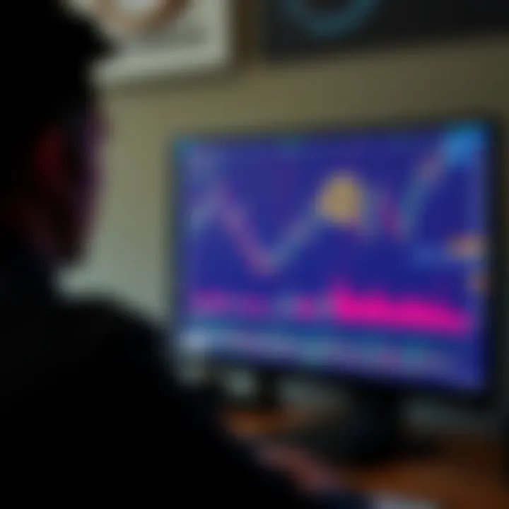 A person looking at a fluctuating Bitcoin value chart on a computer screen, showing both gains and losses, symbolizing the volatility of cryptocurrency investments.