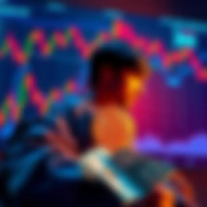 A person contemplating Bitcoin investment options with charts and cash in the foreground