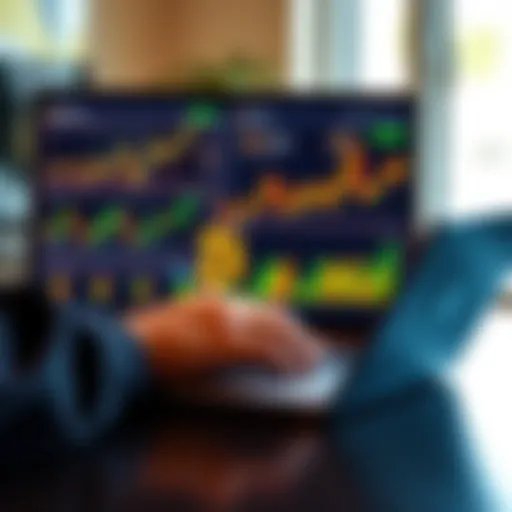 A person analyzing Bitcoin trends on a laptop with financial charts and graphs displayed.