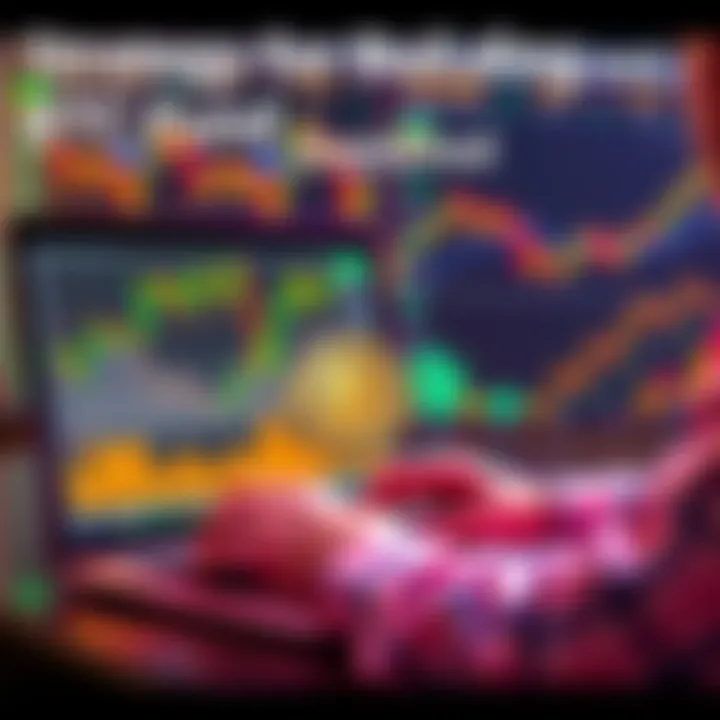 A person analyzing Bitcoin prices on a laptop, with charts and graphs showing market trends in the background
