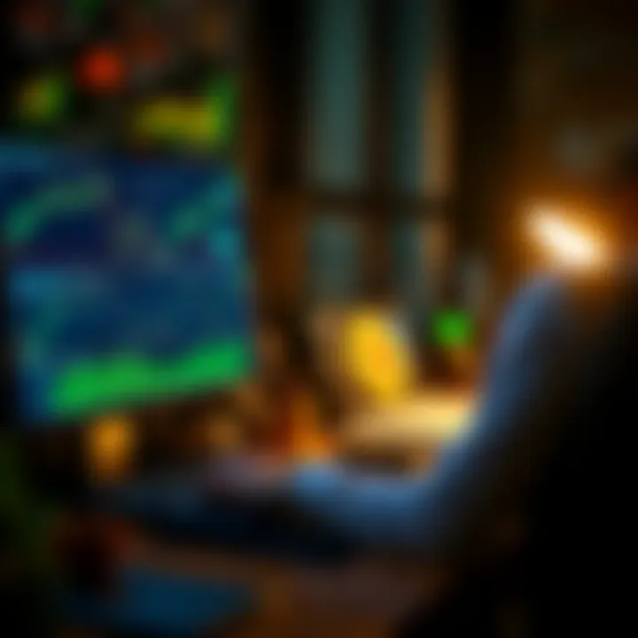 A person sitting at a desk analyzing Bitcoin prices on a laptop, with charts and graphs displayed on the screen, contemplating investment options.