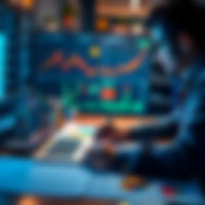 A person analyzing Bitcoin trends and charts, planning a five-year investment strategy with a laptop and charts on the table.