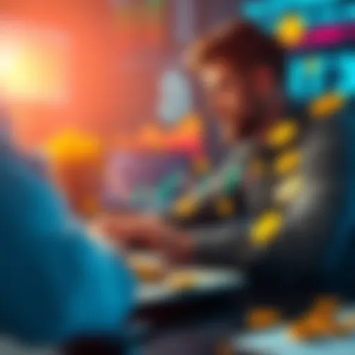 A person analyzing Bitcoin charts on a laptop with currency symbols around.