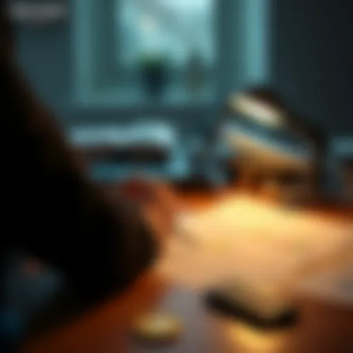 A person looking at charts and tax documents related to Bitcoin investments on a desk