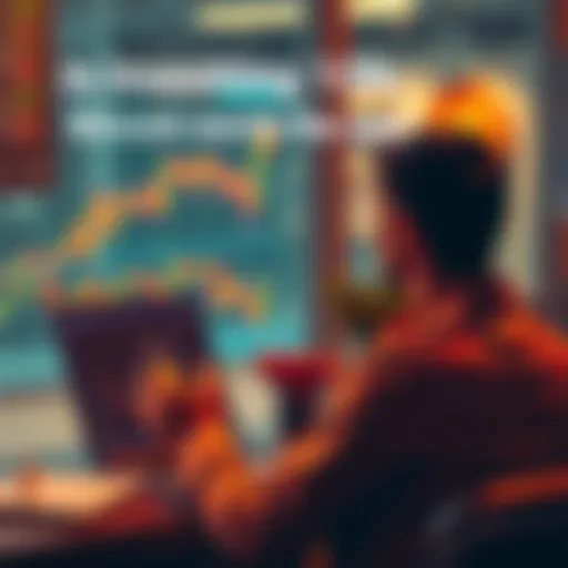 A person sitting at a desk looking at a laptop with Bitcoin charts on the screen, holding a smartphone with a crypto app open, contemplating an investment.