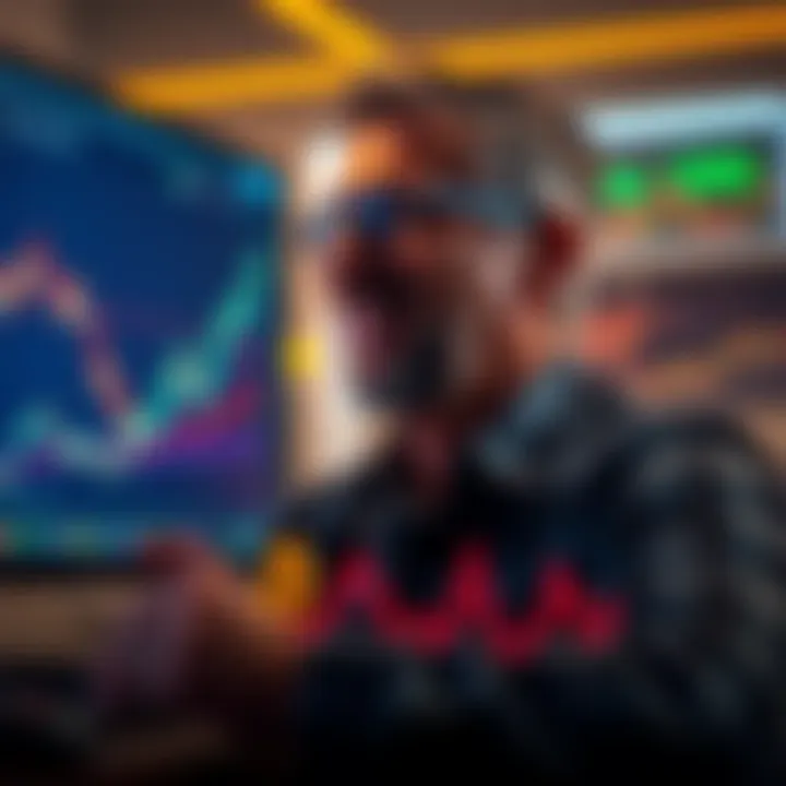 A seasoned Bitcoin investor looking satisfied while observing rising Bitcoin graph trends on a computer screen, symbolizing wealth accumulation through patience.