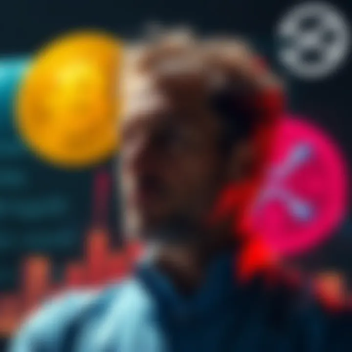 A former investor looks thoughtful with Bitcoin and XRP logos in the background, symbolizing his regret over past choices.
