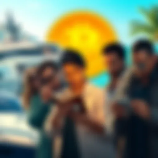 A group of diverse people looking at their Bitcoin wallets with expressions of surprise and curiosity, surrounded by luxury elements like yachts and private islands in the background.