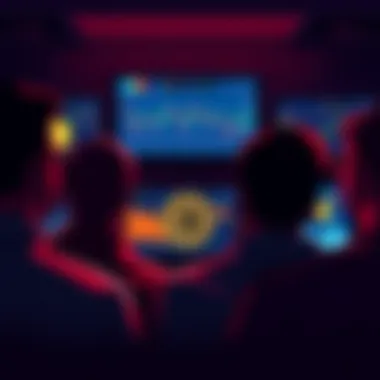 A group of people staring at declining altcoin charts on screens while a chart showing Bitcoin's stability is visible in the background.