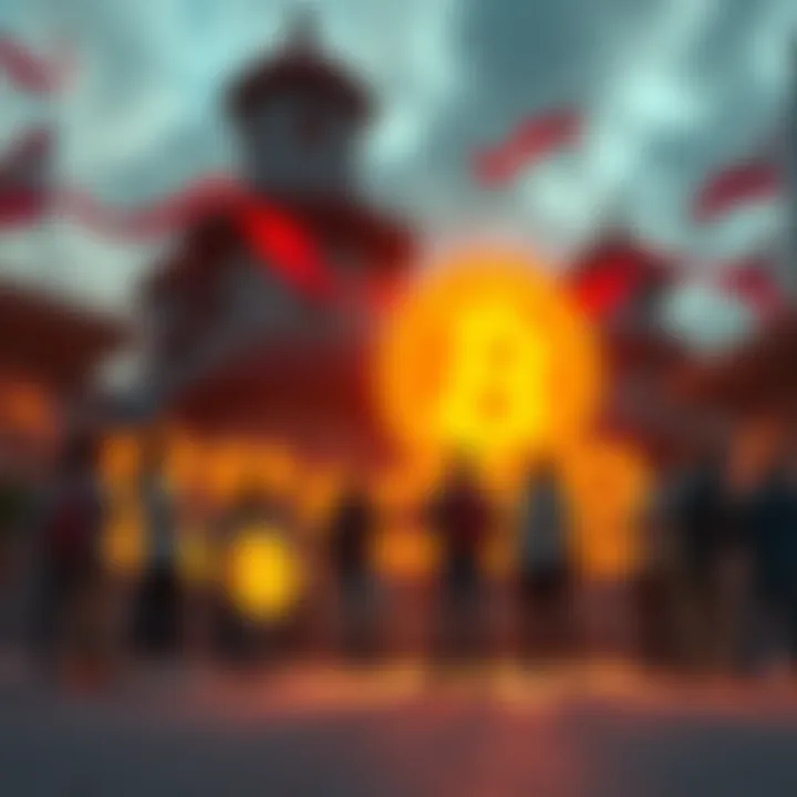 A group of Bitcoin supporters gathered at a special landmark, showcasing Bitcoin symbols and their community spirit.