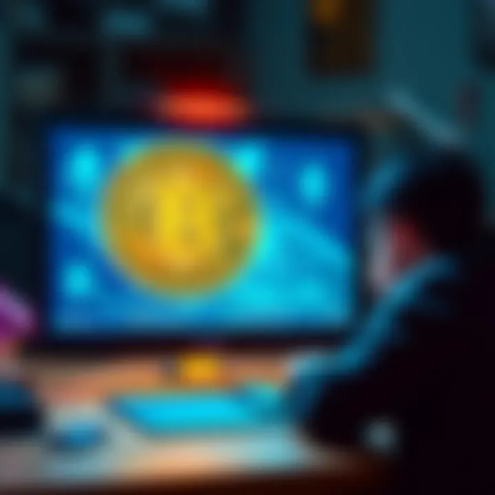 A representation of Bitcoin trapped in a digital wallet due to transfer error, showing Ethereum symbols and a sad user looking at the screen.