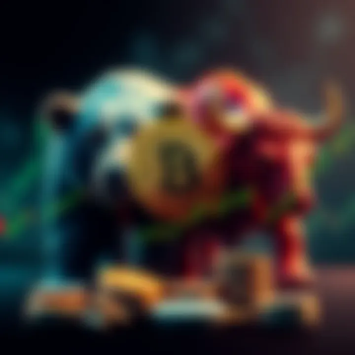 A graphic showing Bitcoin's price fluctuations against a backdrop of a bear and a bull, symbolizing market trends.