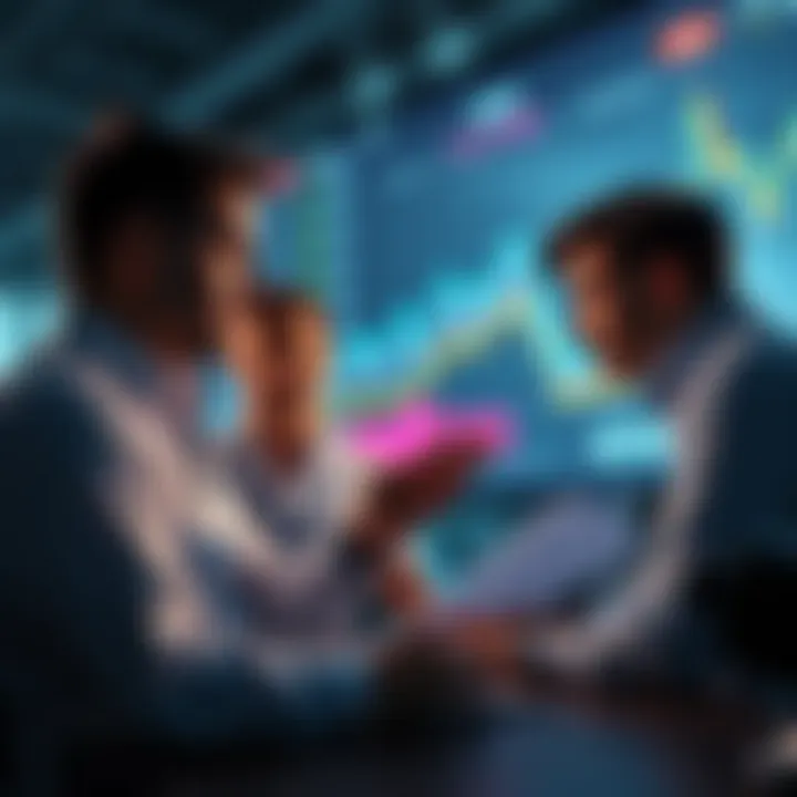 A group of bitcoin market analysts discussing trends with charts and graphs in the background