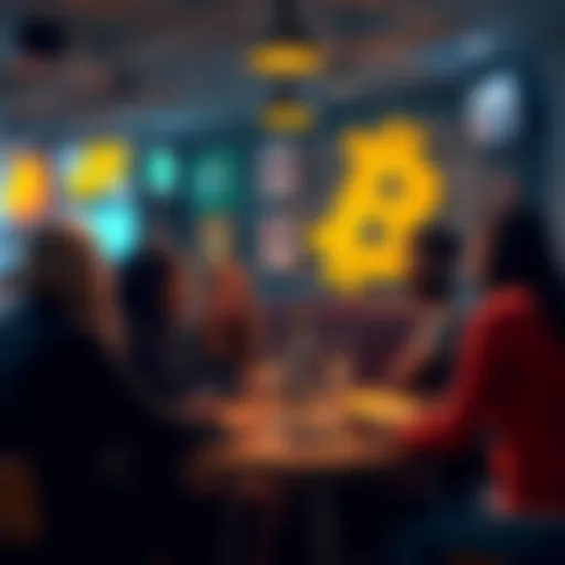 A diverse group of people discussing Bitcoin at a coffee shop meet-up