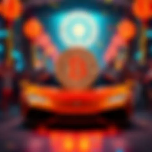 A lively celebration with a Bitcoin symbol and a luxurious Lamborghini in the background, showcasing excitement in the cryptocurrency community.