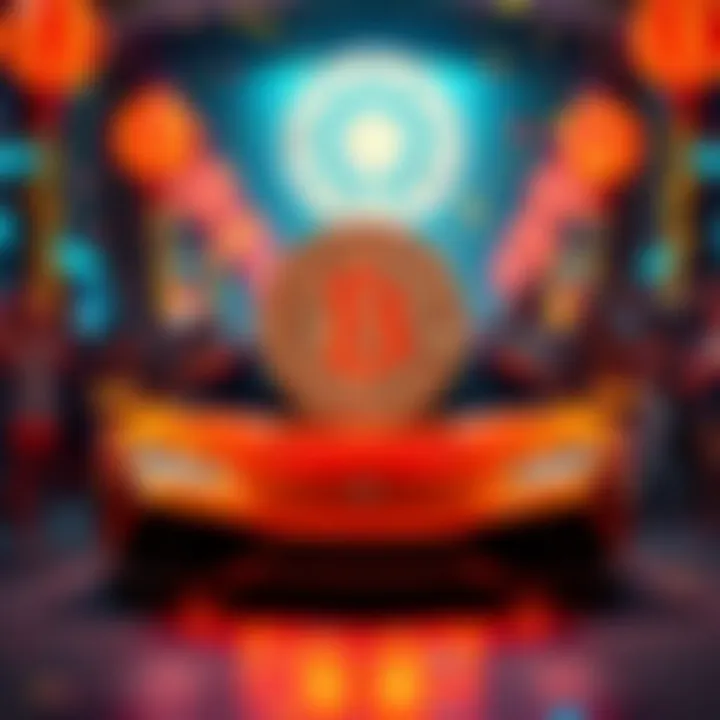 A lively celebration with a Bitcoin symbol and a luxurious Lamborghini in the background, showcasing excitement in the cryptocurrency community.