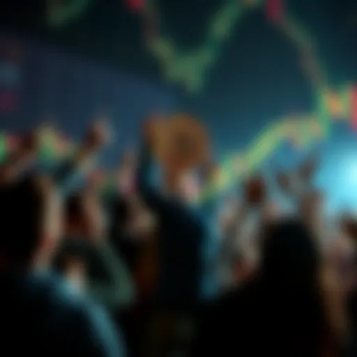 A group of people celebrating the moment Bitcoin hit $100,000, with charts and candles in the background showing market trends.