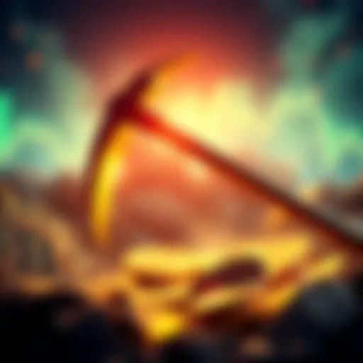 A visual representation of Bitcoin mining with a digital pickaxe and coins, highlighting the scarcity of the remaining Bitcoin.