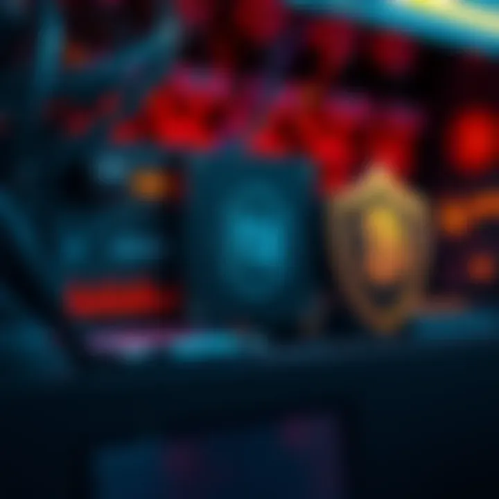 A visual representation of Bitcoin mining equipment with hash rate stats and a shield symbolizing security against attacks.