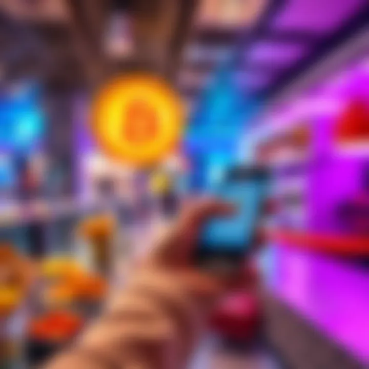 A person using a smartphone to make a bitcoin payment at a workplace cafeteria, surrounded by food options.