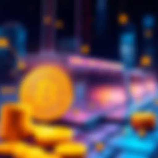 A digital representation of a Bitcoin payment gateway with Bitcoin symbol and coins illustrated