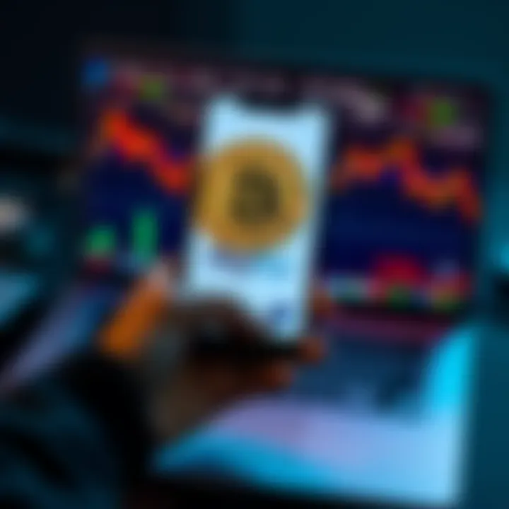 A person holding a smartphone displaying Bitcoin on the PayPal app, with a laptop open showing cryptocurrency market trends in the background.