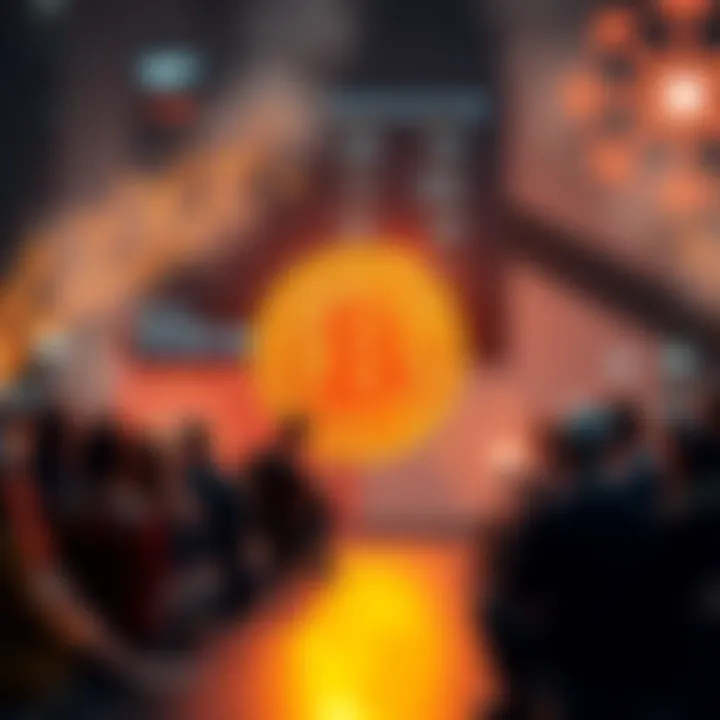 A Bitcoin symbol surrounded by people discussing its benefits and impact, showing lively interactions and a sense of community support.