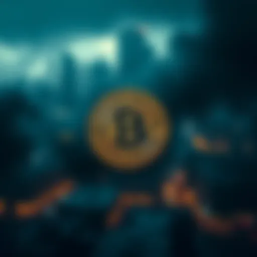 A digital representation of Bitcoin's symbol with a darkened city skyline and a power outage theme