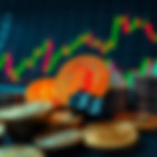 A graphic showing Bitcoin price fluctuations with dollar signs and a chart background, symbolizing investment strategies.
