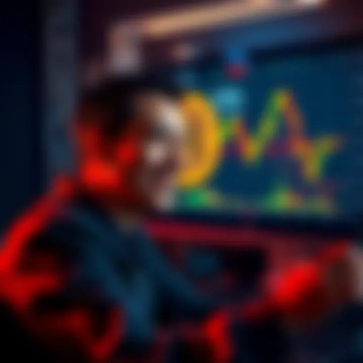 Bitcoin Price Chart A person looking relaxed and happy while studying a Bitcoin price chart on a screen, with a focus on price drops as buying chances.